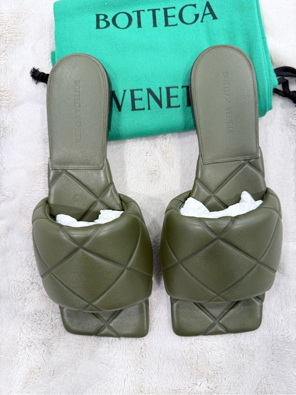 Bottega Veneta Olive Green Quilted Padded Slide Mules